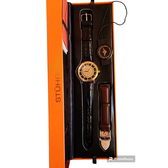Stuhrling Men's Skeleton Watch w Box w/ 2 Leather Bands New Old Stock - Picture 2 of 12